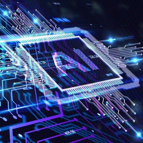 AI processor chip on a glowing circuit board