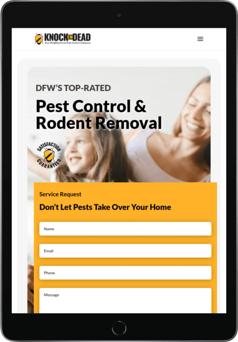 Knock Em Dead Pest Control home page on a tablet, with the headline “DFW’s Top-Rated Pest Control & Rodent Removal” and a service request form