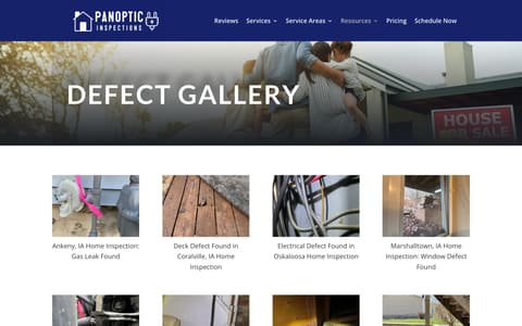 Panoptic Inspections defect gallery page showing a gas leak, deck, electrical and window defects found during inspections