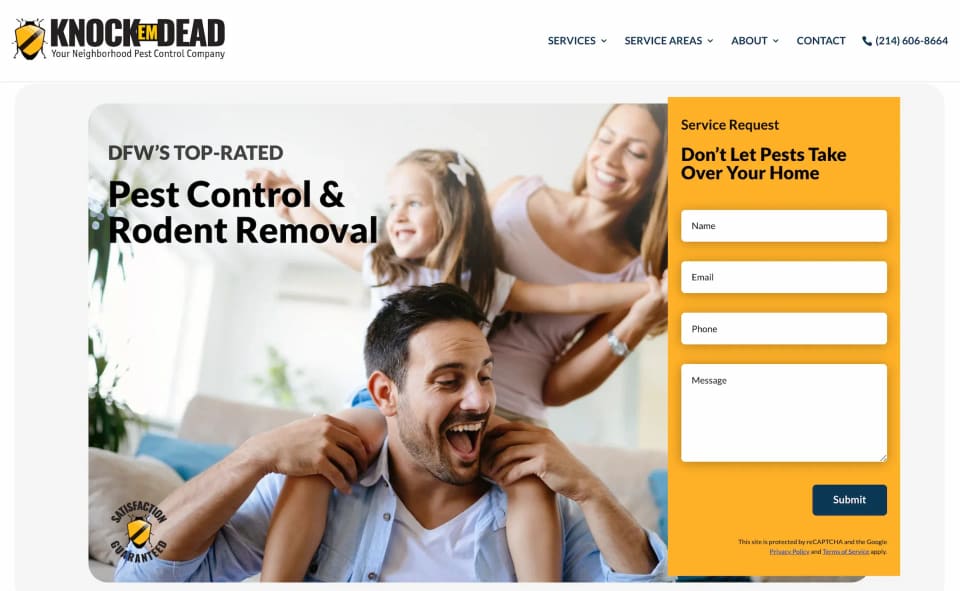 Knock Em Dead Pest Control website designed by Page1Design, shown on desktop with a service request form
